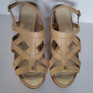 💯% Authentic Chanel Leather an Cork Wedge Sandals